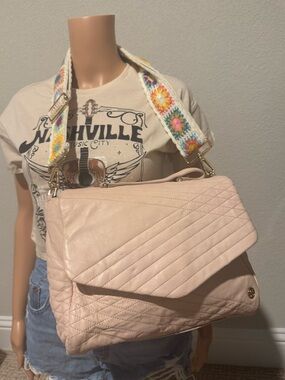 Tory Burch Quilted Light Pink Envelope Shoulder Bag with Floral Strap